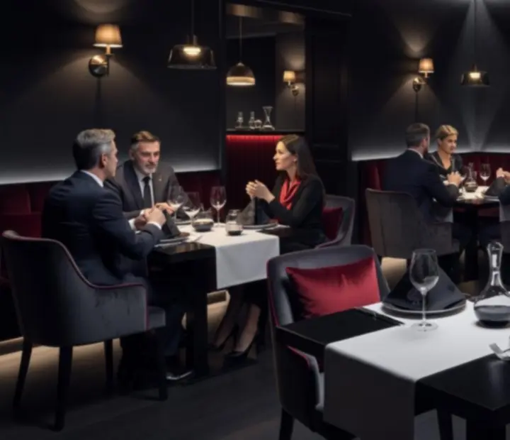 Elegáns budapesti étterem sötét, hangulatos megvilágításban