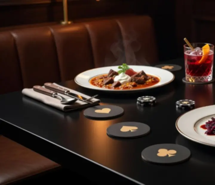 Gourmet fogások és prémium italok pókerező vendégek asztalán