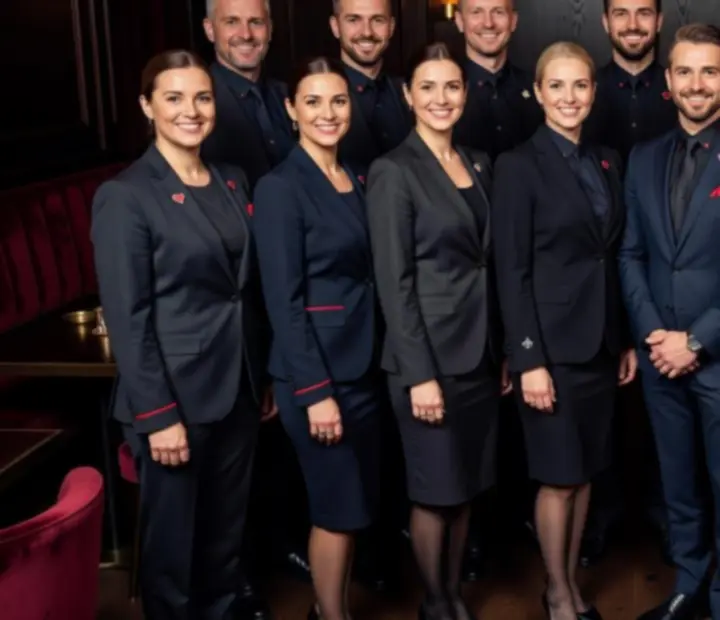 A Budapest Vennue mosolygó csapata elegáns, sötét enteriőrben.