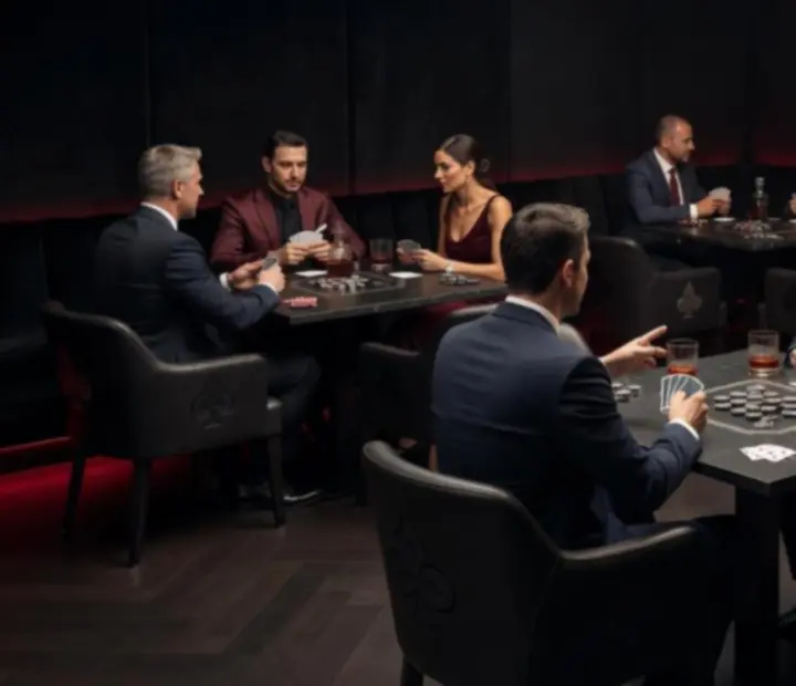 Sötét, vörös fényekkel megvilágított póker lounge a Budapest Vennue étteremben tematikus est alatt